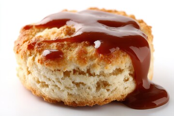 Delicious biscuit drizzled with decadent caramel sauce on a clean white background showcasing culinary delight