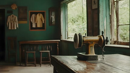 Antique sewing machine on wooden table in vintage teal room with framed garments, window view of greenery