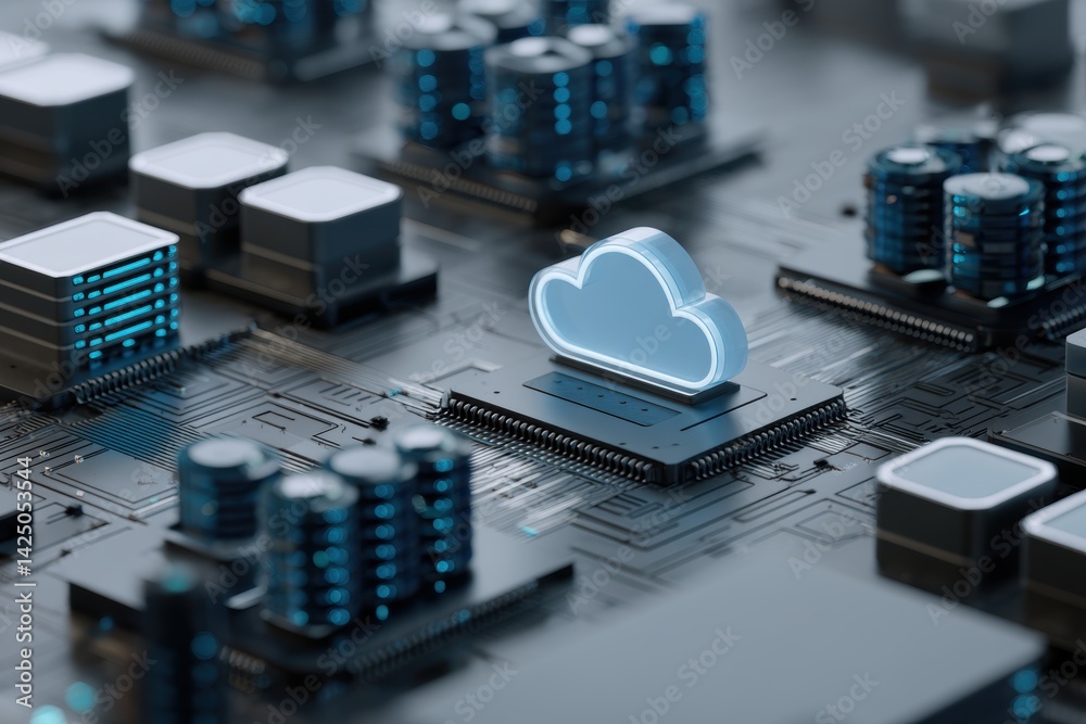 Poster cloud technology illustration showcasing computer networking connectivity and server data storage