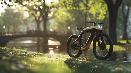 Fototapeta premium Futuristic electric bike resting by serene canalside setting in Amsterdam