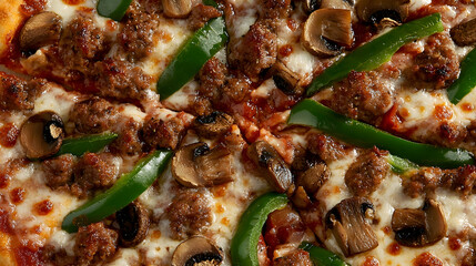 Delicious Meat Lovers Pizza with Green Peppers and Mushrooms. Close-up shot, perfect for food blogs or restaurant menus
