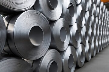 Rows of Shiny Metal Coils Industrial Manufacturing Raw Material Storage Abstract Pattern High Angle