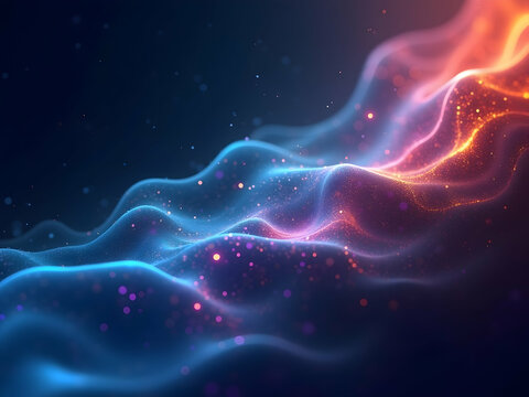 Abstract data visualization with flowing particle waves and vibrant color transitions, creating a dynamic and futuristic digital landscape for innovative designs