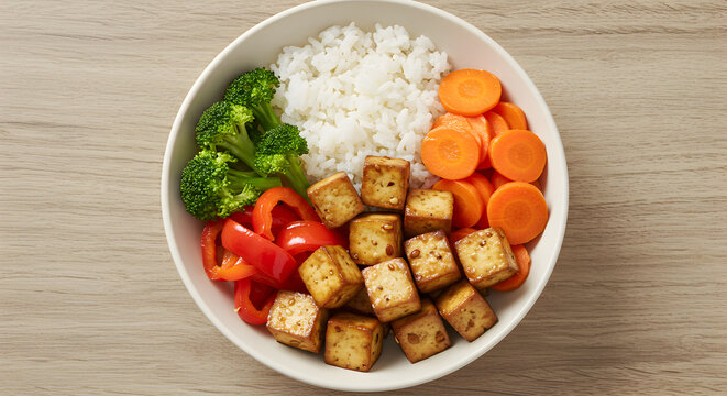 Colorful Tofu Bowl With Fresh Vegetables and White Rice Presentation