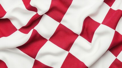 Fototapeta premium A close-up of a textured fabric featuring a red and white checkered pattern, displaying gentle folds and a vibrant color contrast.