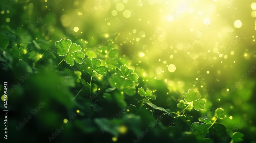 Poster Magical sunlit clover field with bokeh effect.