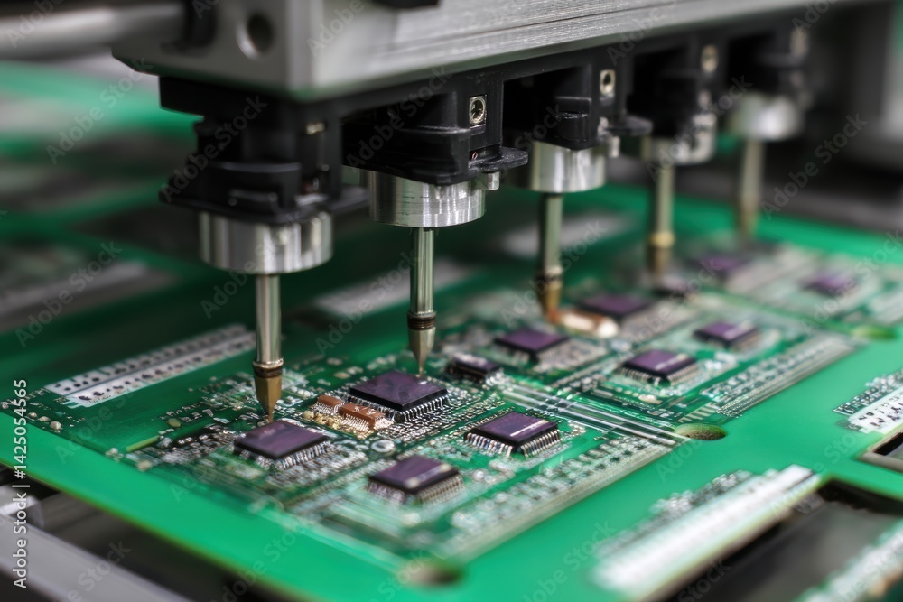 Poster automated electronic circuit board production close up precision robotics assembly in tech industry