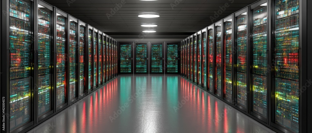Poster data center interior with server racks providing information technology for cloud computing and netw