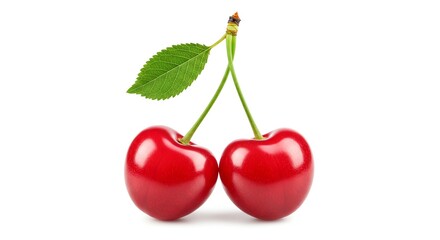 Two Fresh Cherries, Cherries Two Leaf, Two ripe red cherries with a green leaf, Generative AI