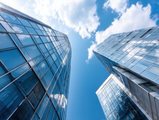 Low Angle View of Blue Glass Skyscrapers Reflecting Sky and Clouds in City Downtown District