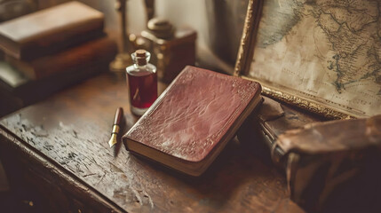 Antique leather journal, inkwell, and map on wooden desk, vintage study setting; ideal for history, writing, or travel blogs