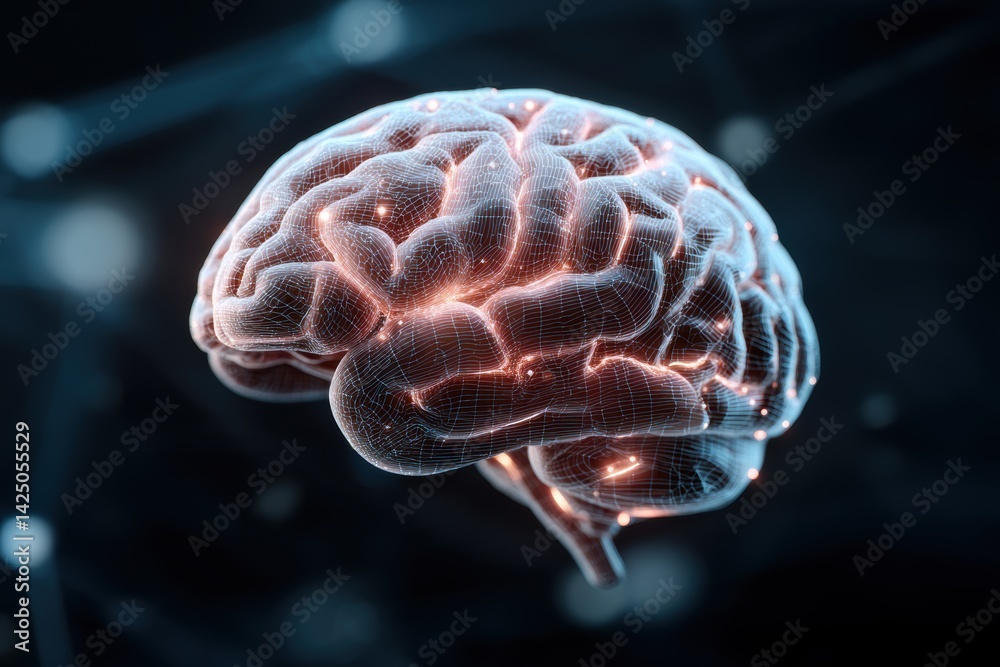 Poster glowing brain model on dark background artificial intelligence neural network cognitive function