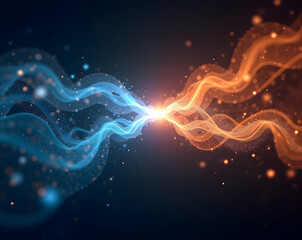 Abstract representation of wave particle duality with luminous energy streams, symbolizing quantum physics and scientific discovery with interweaving light particles
