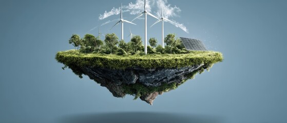 Sustainable future concept with wind turbines solar panel and green vegetation on floating island