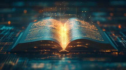 Futuristic Book with Digital Data Streams, An open book with glowing digital data streams emerging from its pages