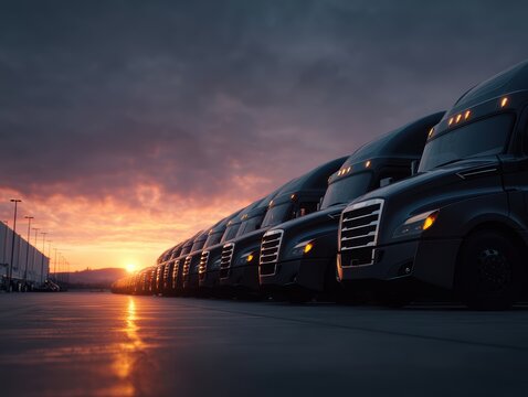 Impressive Lineup of Sleek Modern Trucks at Dusk Heavy Duty Vehicles Ready for Transport Logistics