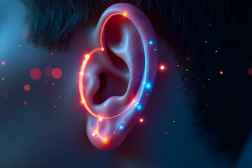 Abstract Visualization of Hearing, An Ear Illuminated by Digital Sound Rings, Representing Music, Technology, and the Sensory Experience of Auditory Perception