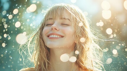 Radiant young woman with glistening wet hair surrounded by sparkling water reflections and a vibrant fresh atmosphere  The top portion of the image features negative space for balanced composition