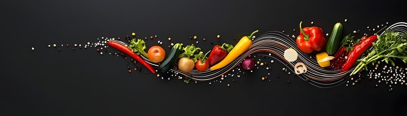 Flowing trails of colorful vegetables and fruits create a conceptual of brain waves representing the energy creativity and connections of the human mind