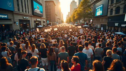 Aerial Perspective, A Large Crowd Marching for Peace and Justice Through a Vibrant Metropolis, Demonstrating Unity and Collective Action in a Powerful Display