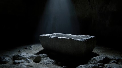Empty stone manger in dimly lit cave