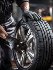 Fototapeta premium Detail Shot of Automotive Professional Servicing Tire Ready for Installation in Auto Shop