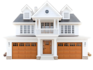 Architectural Illustration of a Two Story White House with Brown Wooden Doors and Garage