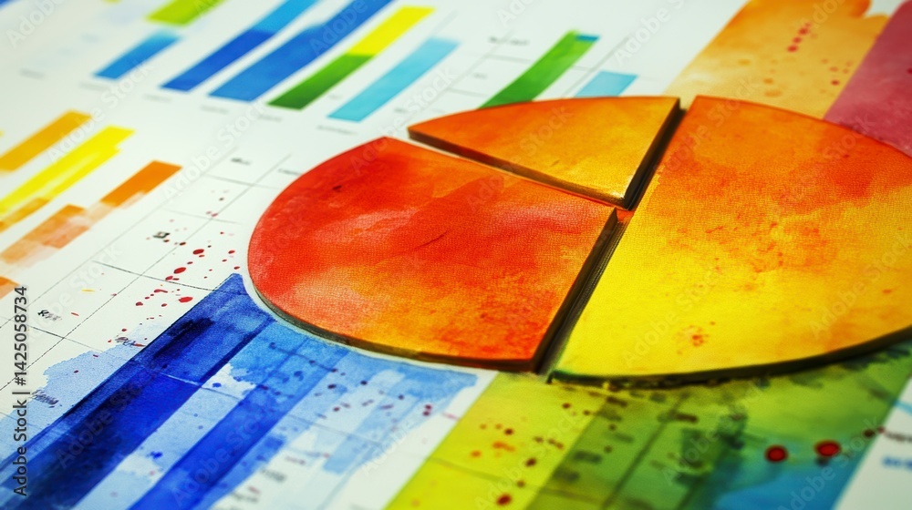 Aufkleber colorful pie chart and bar graphs on paper.