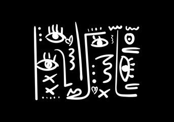 Abstract doodle-style illustration featuring overlapping faces and eyes in white lines on black background.