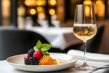 Luxurious caviar tasting experience with chilled vodka pairing served in an elegant fine dining setting featuring a beautifully presented dish with contrasting textures and flavors