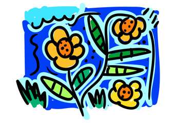 Expressive pop art illustration of bright yellow flowers with bold black outlines and a cheerful blue background.