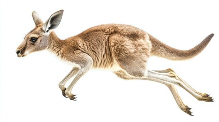 Young kangaroo in mid-leap against white background