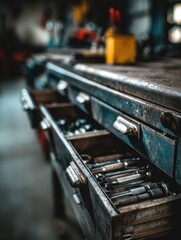 Organized chaos and tools in a mechanic workshop open drawer close up capturing rustic charm and blue tones