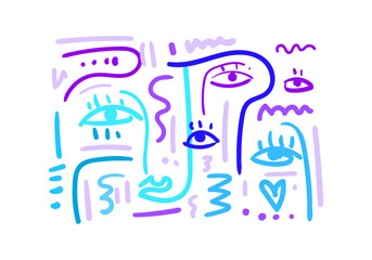 Abstract cubism line art featuring expressive faces with blue and purple gradient tones. 