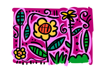 Expressive pop art illustration of bright yellow flowers with bold black outlines and a cheerful blue background.