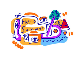Modern pop art cubism illustration featuring summer elements like palm trees, sun, and abstract faces with the text Hello Summer
