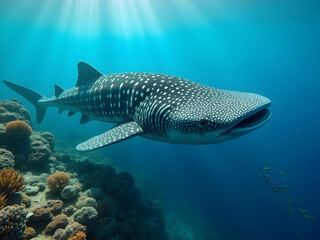 Fototapeta premium An image that captures the awe inspiring presence of a whale shark as it navigates the ocean's currents displaying its unique markings and graceful form with marine life