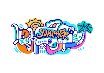 Modern pop art cubism illustration featuring summer elements like palm trees, sun, and abstract faces with the text Hello Summer