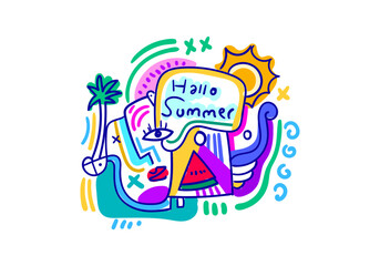 Modern pop art cubism illustration featuring summer elements like palm trees, sun, and abstract faces with the text Hello Summer