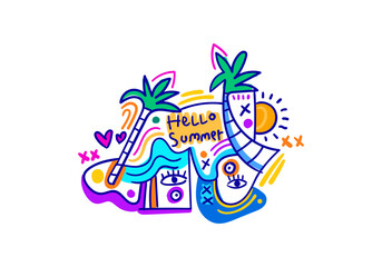 Obraz premium Modern pop art cubism illustration featuring summer elements like palm trees, sun, and abstract faces with the text Hello Summer