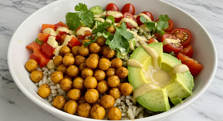 Healthy Plant Based Chickpea Grain Bowl With Creamy Avocado Dressing