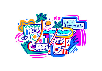 Modern pop art cubism illustration featuring summer elements like palm trees, sun, and abstract faces with the text Hello Summer