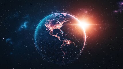 Obraz premium Digital Earth: Networked planet with vibrant sunburst amid cosmic wonders