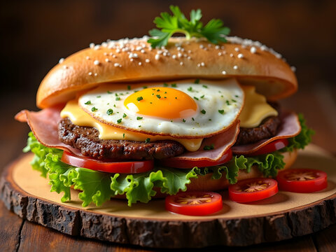 An inviting close-up of a delicious Uruguayan Chivito sandwich featuring succulent layers of savory ingredients on a wooden platter on a wooden table