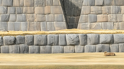 Llama rests near ancient Inca stone walls in Cusco, Peru; background shows more walls; for travel brochures