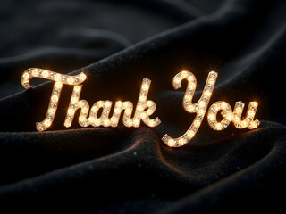An opulent high contrast image showcasing the words 'Thank You' in a dazzling cursive font illuminated by golden light on a draped fabric surface