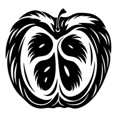 Monochrome artistic representation of an apple cut in half revealing seeds