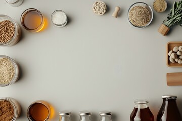 Overhead top down view of an experimental homebrew setup with various ingredients and equipment items arranged creatively on a table or flat surface  The image showcases a minimalist organic