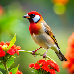 a bird with a red beak sits on a flower