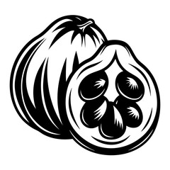 Black and white illustration of a cut open rose apple fruit